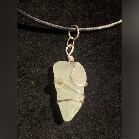 Sea foam Green Seaglass Pendant wrapped in wire with chain Cape Breton - Picture 3 of 5